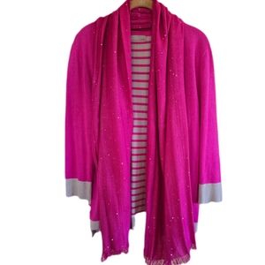 Eyecatching Pink Striped Cotton V-Neck Button Cardigan with Coordinating Scarf